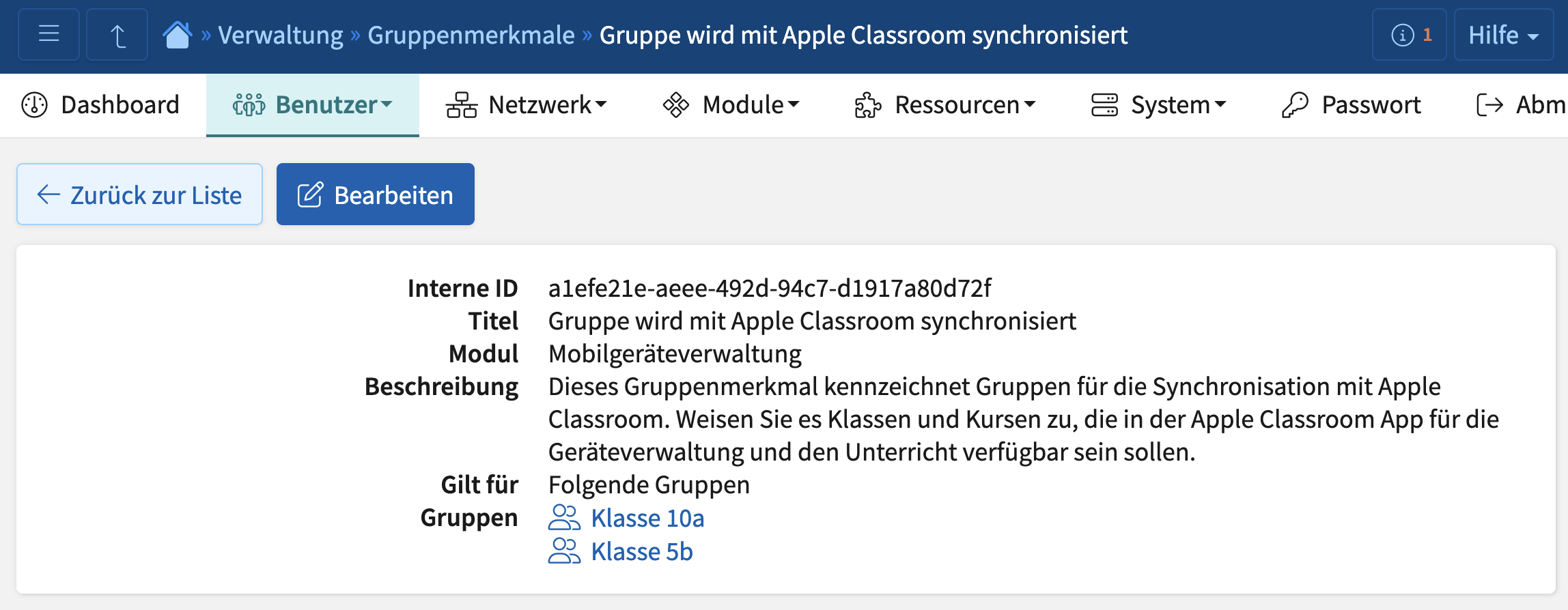 Screenshot: Gruppenmerkmal für Apple Classroom